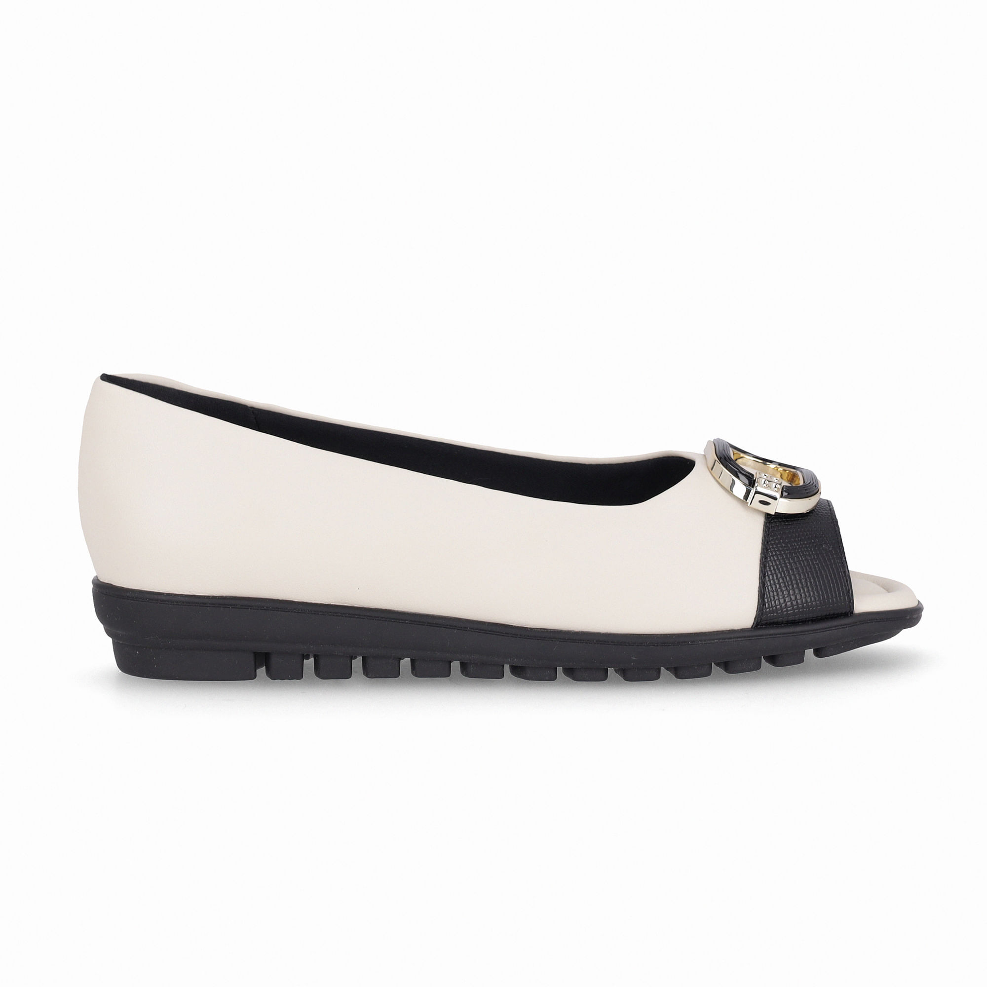 Peep Toe Anabela Baixo Off White com Preto