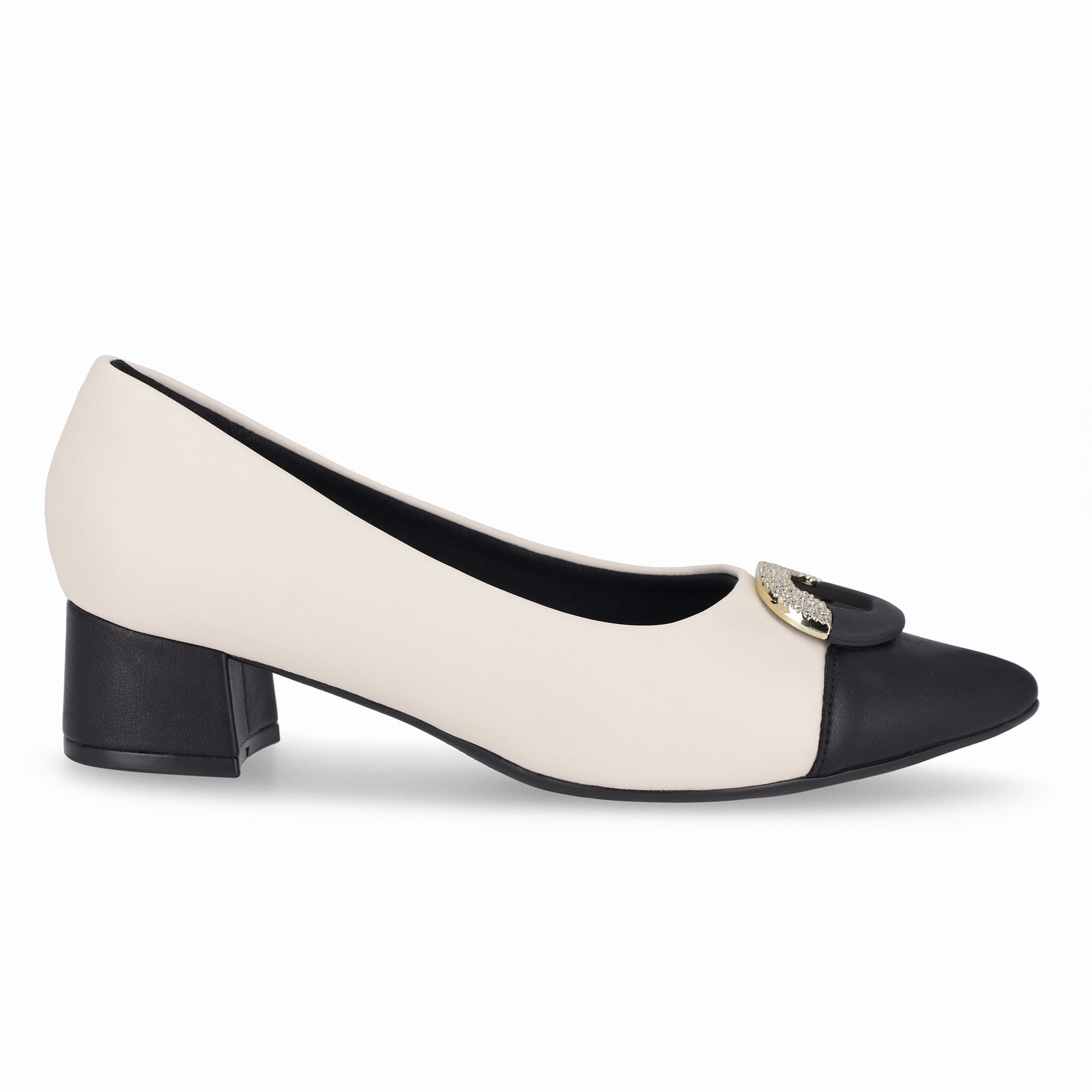 Scarpin Taci Salto Médio Off White com Preto