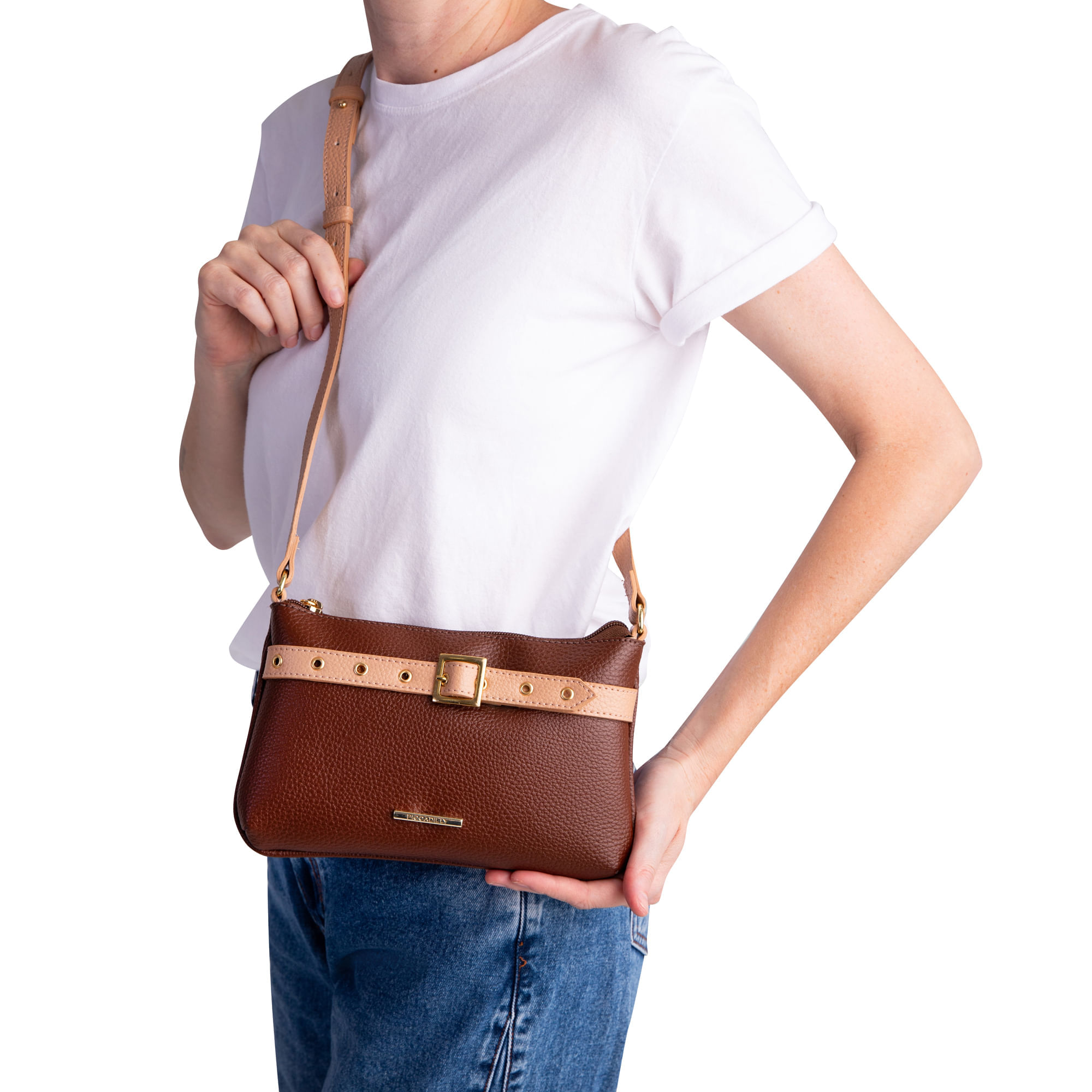 Bolsa Maya Tiracolo Pequena Marrom com Bege