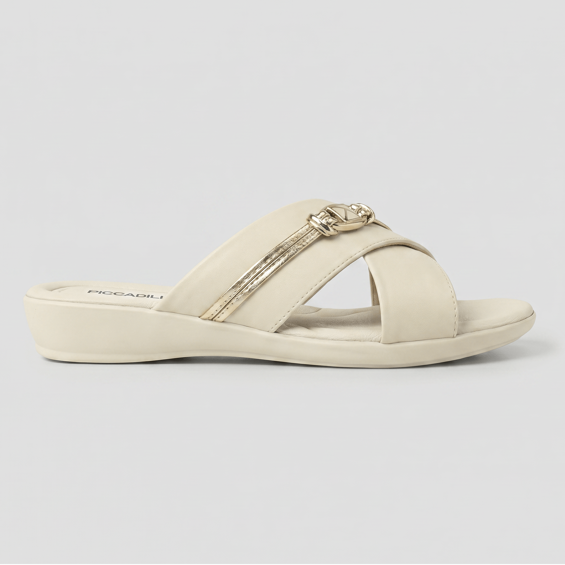 Tamanco Camila Salto Baixo Off White com Ouro