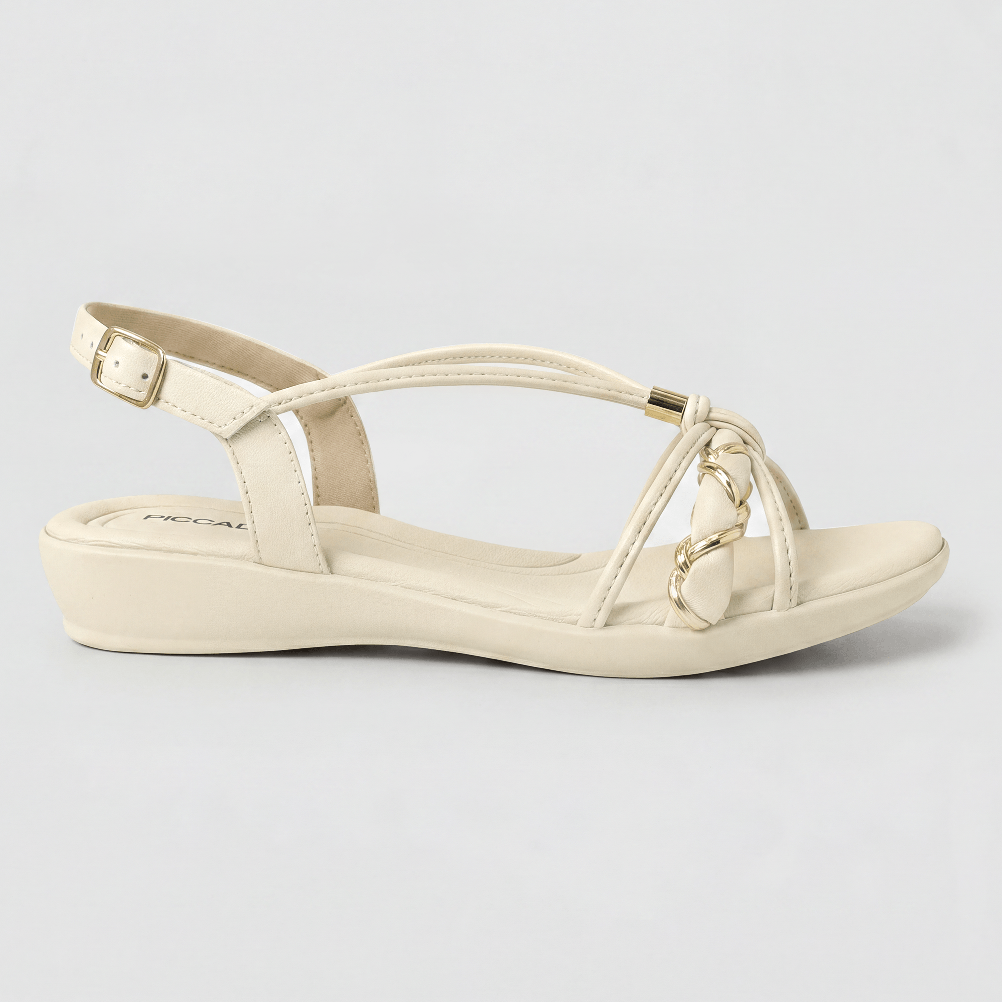 Sandália Camila Salto Baixo Off White com Ouro
