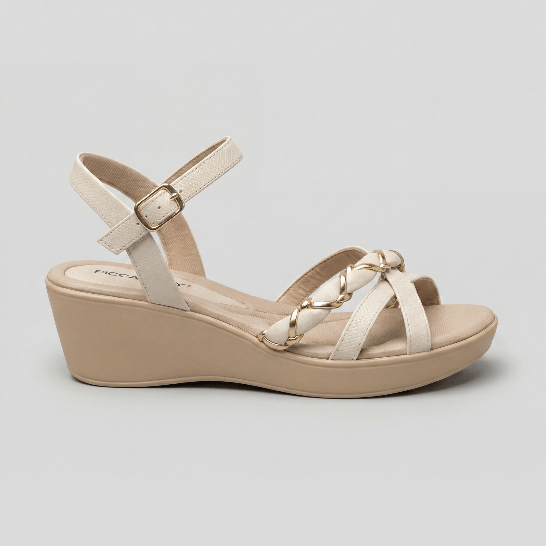 Sandália Cecilia Salto Médio Off White com Ouro